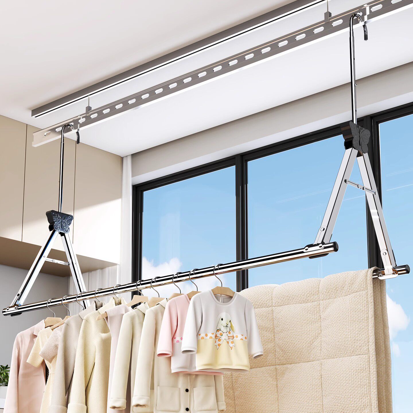 Adjustable Stainless Steel Telescopic Clothes Drying Rack for Home Balcony, No Drilling Required, Suitable for Drying Quilts and Bed Sheets