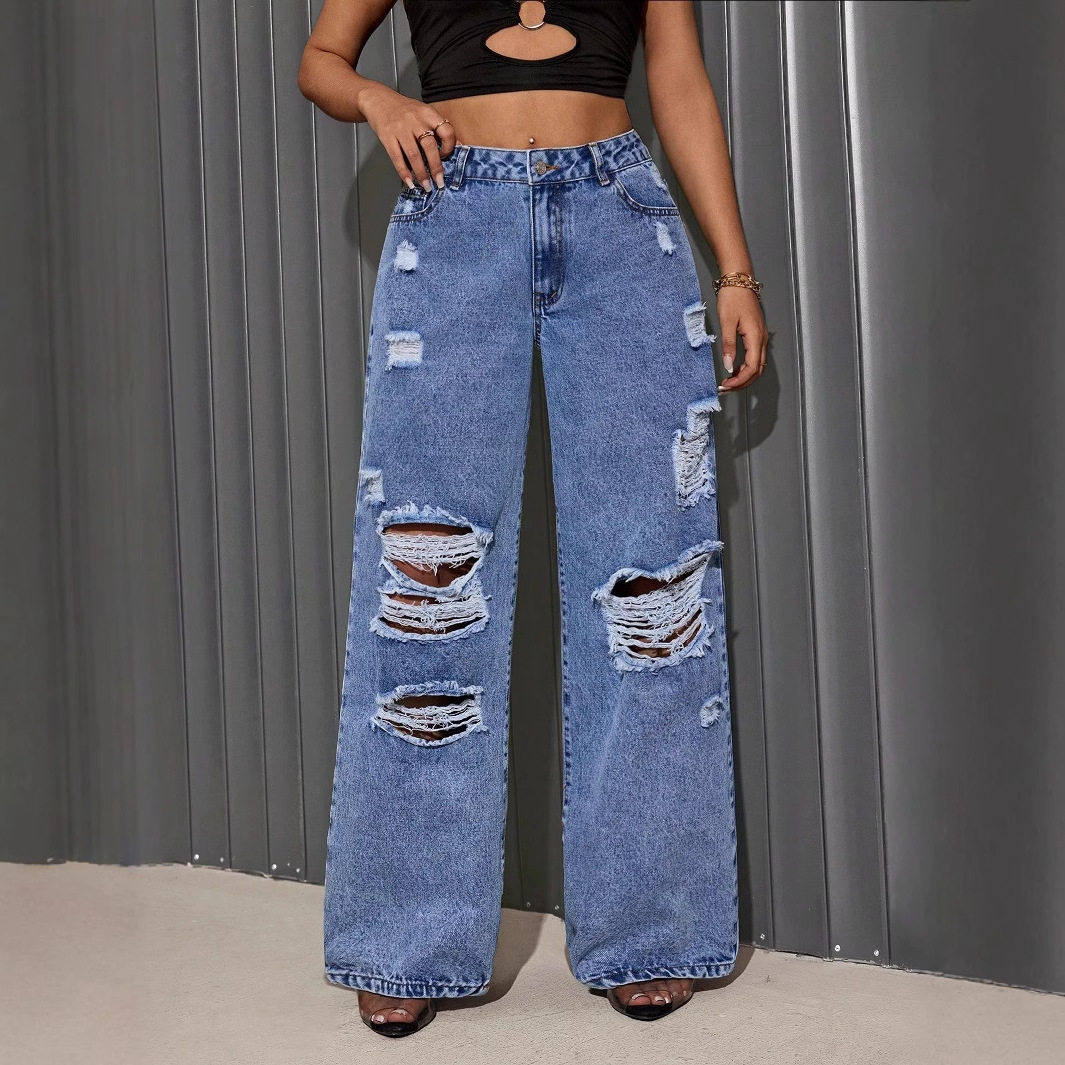 Womens Ripped Straight Leg Jeans Loose Fit Hip Hop Style Casual Wear Wholesale Available OEM ODM service