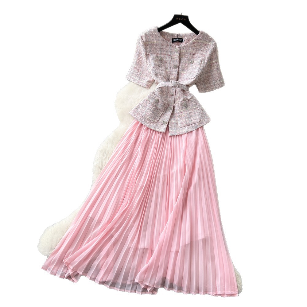 Chic Sequin Pleated A Line Dress Round Neck Waist Defining Summer Style Elegant for Work or Casual Events Wholesale
