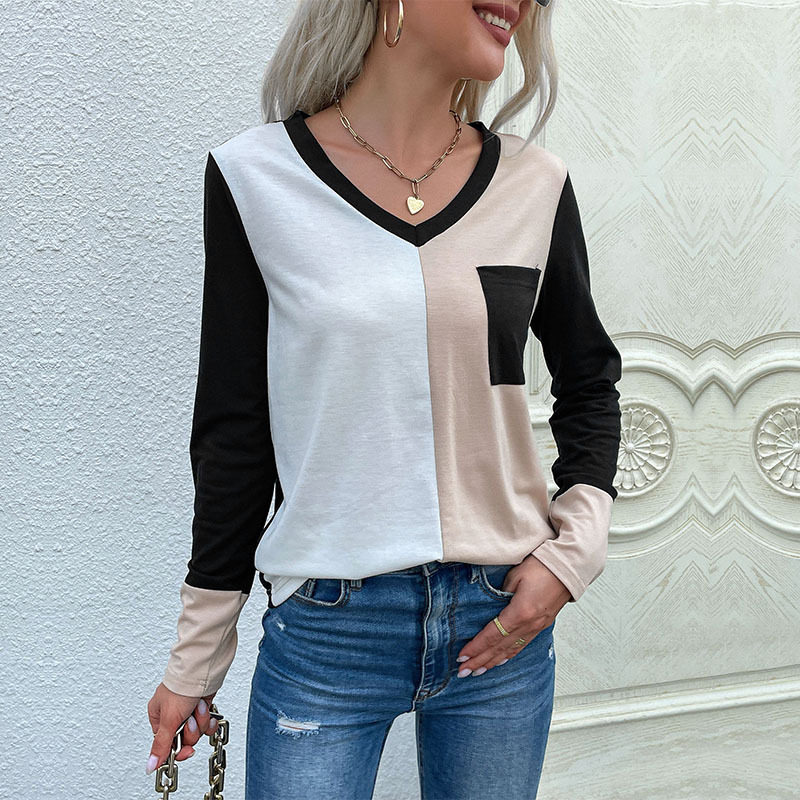 Loose Fit Womens Long Sleeve T Shirt Color Block Design V Neck Comfortable Fabric Casual Wear Wholesale Available