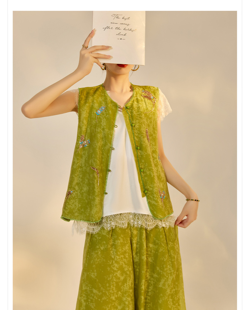 Set gile thêu đính cườm kèm quần dài nữ phong cách thanh lịch — Quần dài màu mơ, Quần dài màu xanh lục, Gi lê màu hồng, Gi lê màu xanh lục