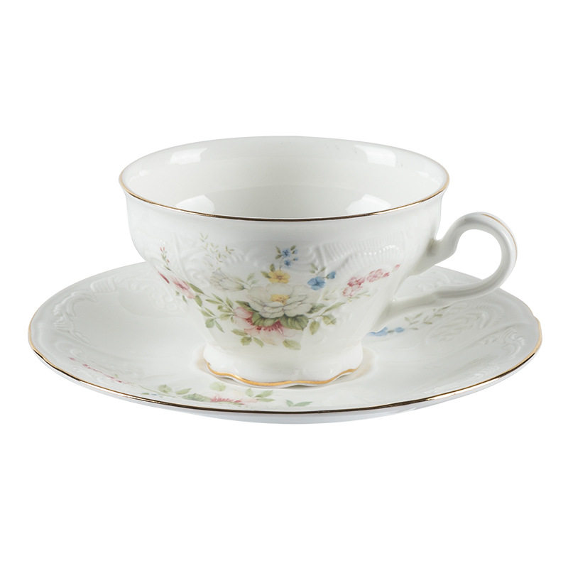 European-style Simple Phnom Penh Bone China Embossed Tableware Household Dishes and Saucers Combination Western-style Flat Plate Coffee Cup and Saucer Set