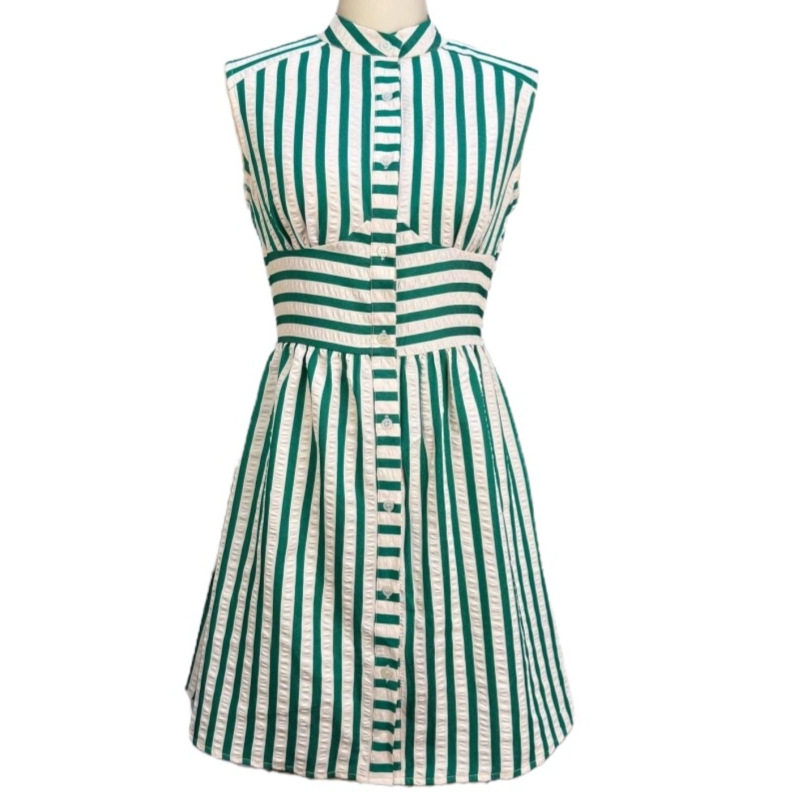 Casual Striped Shirt Dress Sleeveless Stand Collar Button Front Summer Fashion for Women Wholesale Available