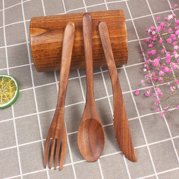 Wholesale teak knife, fork and spoon three-piece Korean portable tableware set wooden Western dessert knife, fork and spoon tableware