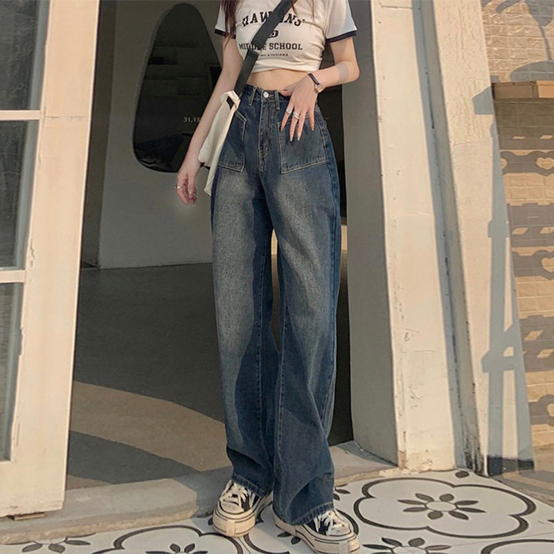 High Waisted Wide Leg Jeans for Women Blue Grey Loose Fit Large Pockets Casual Style Perfect for Pear Shaped