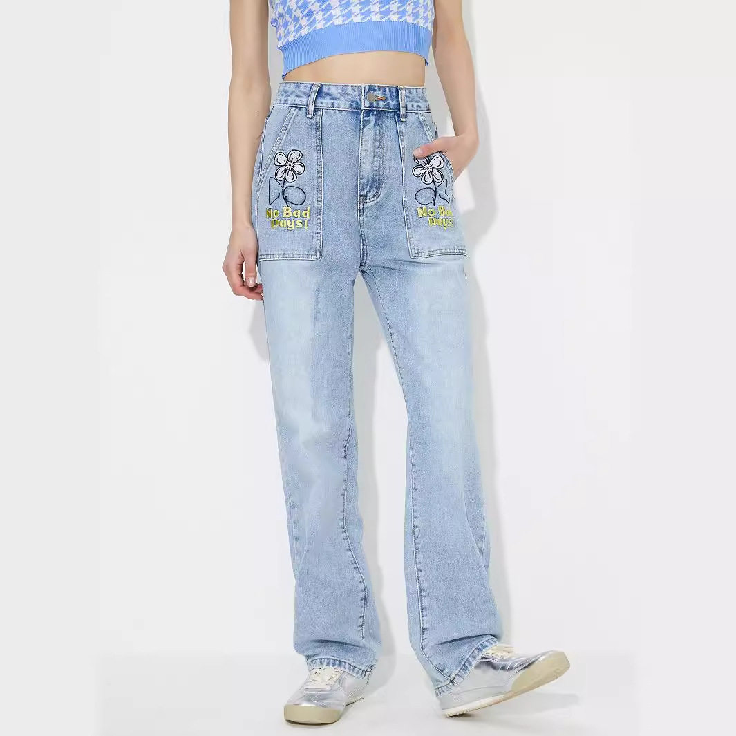 High Waisted Embroidered Wide Leg Jeans Loose Fit Denim Fabric Casual Style Ready to Ship factory direct