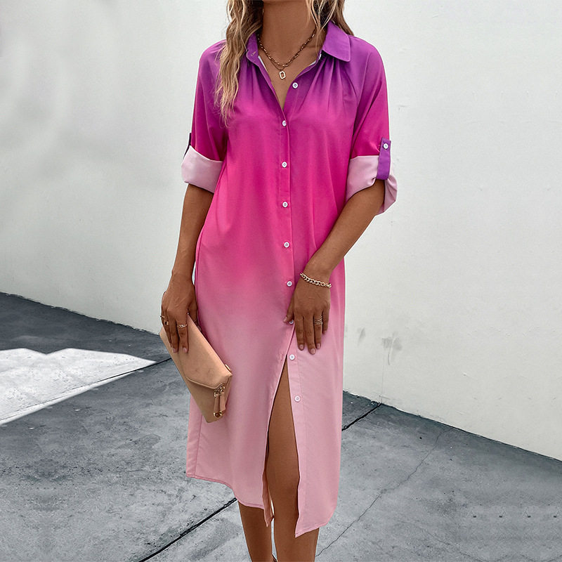 Fashion Womens Long Sleeve Gradient Shirt Dress Trendy Design Comfortable Fabric Versatile Style Wholesale Available