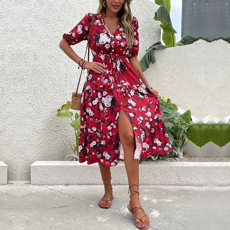 Vintage Floral Print V Neck Split Maxi Dress Summer Fashion for Women Elegant and Romantic Style Wholesale Available