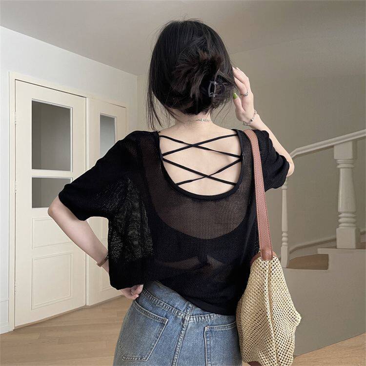 Womens Summer Casual T Shirt Cross Back Design Loose Fit Round Neck Knit Top Available in Black and Khaki Wholesale