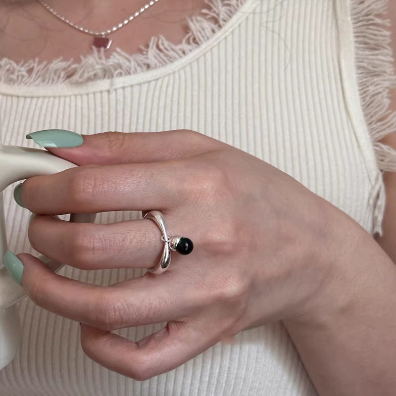 Myska S925 Sterling Silver Black Pine Nut Ring for Women, Stylish and Simple Fashion Trendy Open-Ended Ins-Style Ring