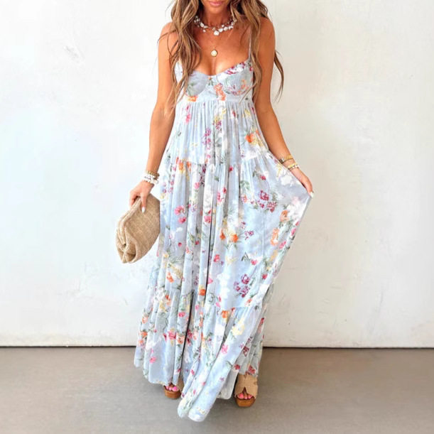 Sleeveless Backless Floral Maxi Dress Elegant Design Summer Style Lightweight Fabric Wholesale Available