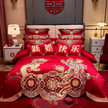Long-Staple Cotton Wedding Four-Piece Set for the Wedding Room, Pure Cotton, All-Season Style, Chinese Dragon and Phoenix Embroidery, Multi-Bedding Wholesale, Wedding Style