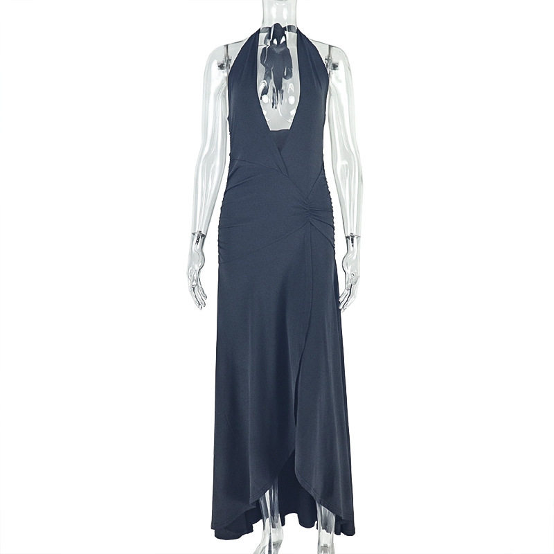 Bodycon Dress Solid Color V Neck Ruched Waist Long Length Elegant Evening Wear Wholesale Available