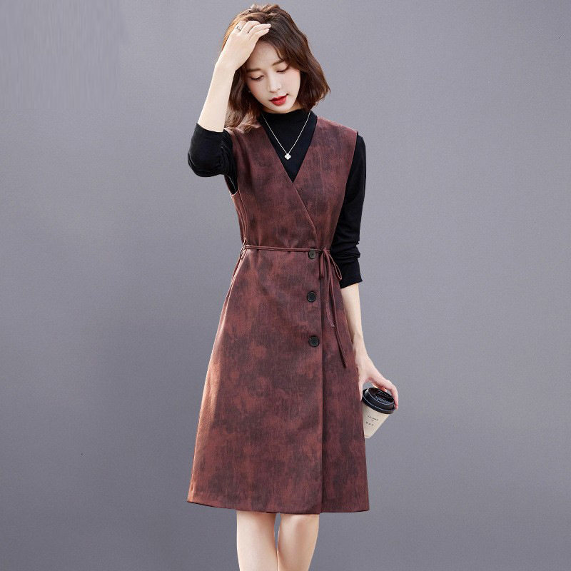 V&aacute;y Hai D&acirc;y Nữ Bộ &Aacute;o Gile d&aacute;ng chữ A Thắt Eo Phong C&aacute;ch Thanh Lịch M&agrave;u N&acirc;u, X&aacute;m