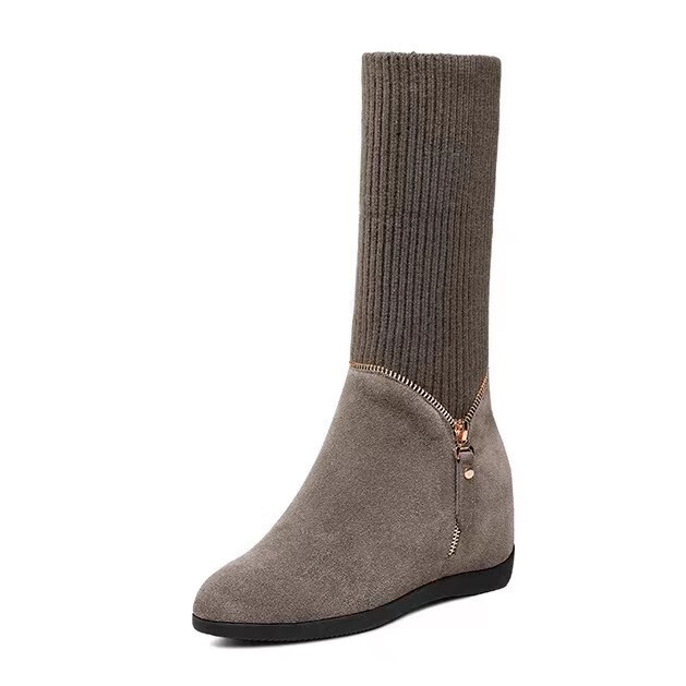 Boot nữ cổ trung gót nêm mũi tròn giữ ấm dáng thanh lịch — màu đen, màu xám
