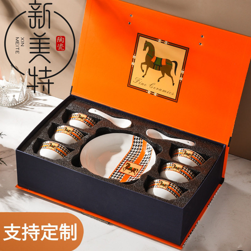 Horse Retro Style Ceramic Tableware Bowl and Chopsticks suit Light Luxury Gift Boxed Wedding Accompanying Gift Opening Festival housewarming