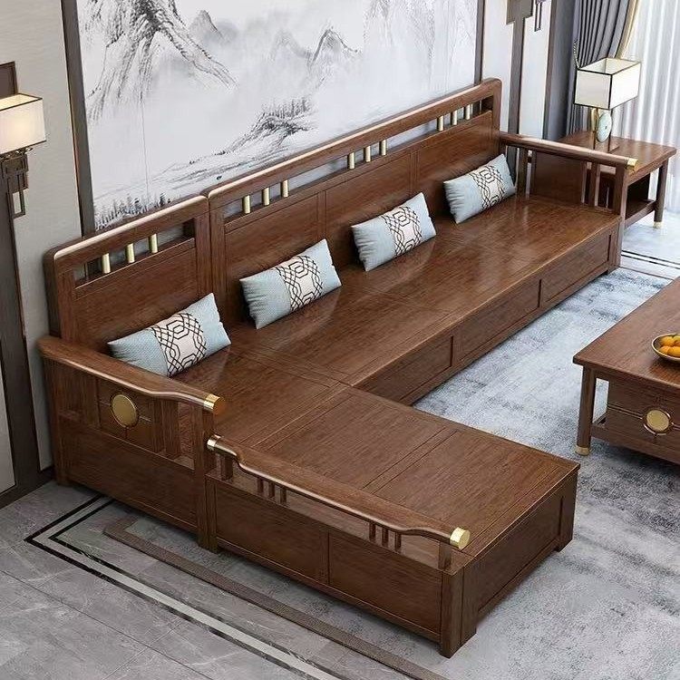 新中式胡桃木实木沙发组合储物现代简约贵妃小户型客厅胡桃木家具
