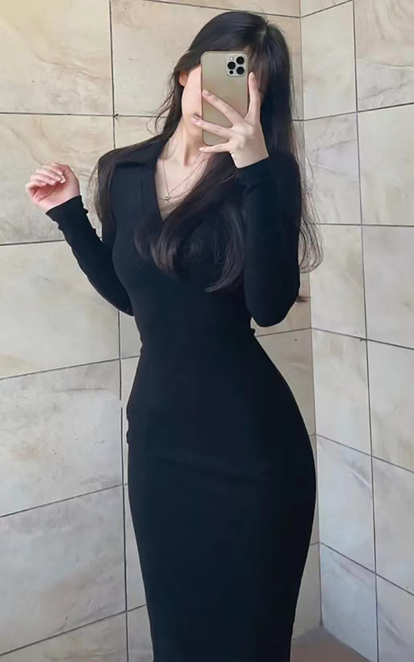 Váy Ôm Body Dệt Kim Tay Ngắn Thanh Lịch Màu Đen chi tiết 5