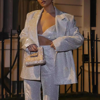 Amazon autumn and winter explosions women's European and American fashion suit bright flash suit coat underwear straight pants three-piece set