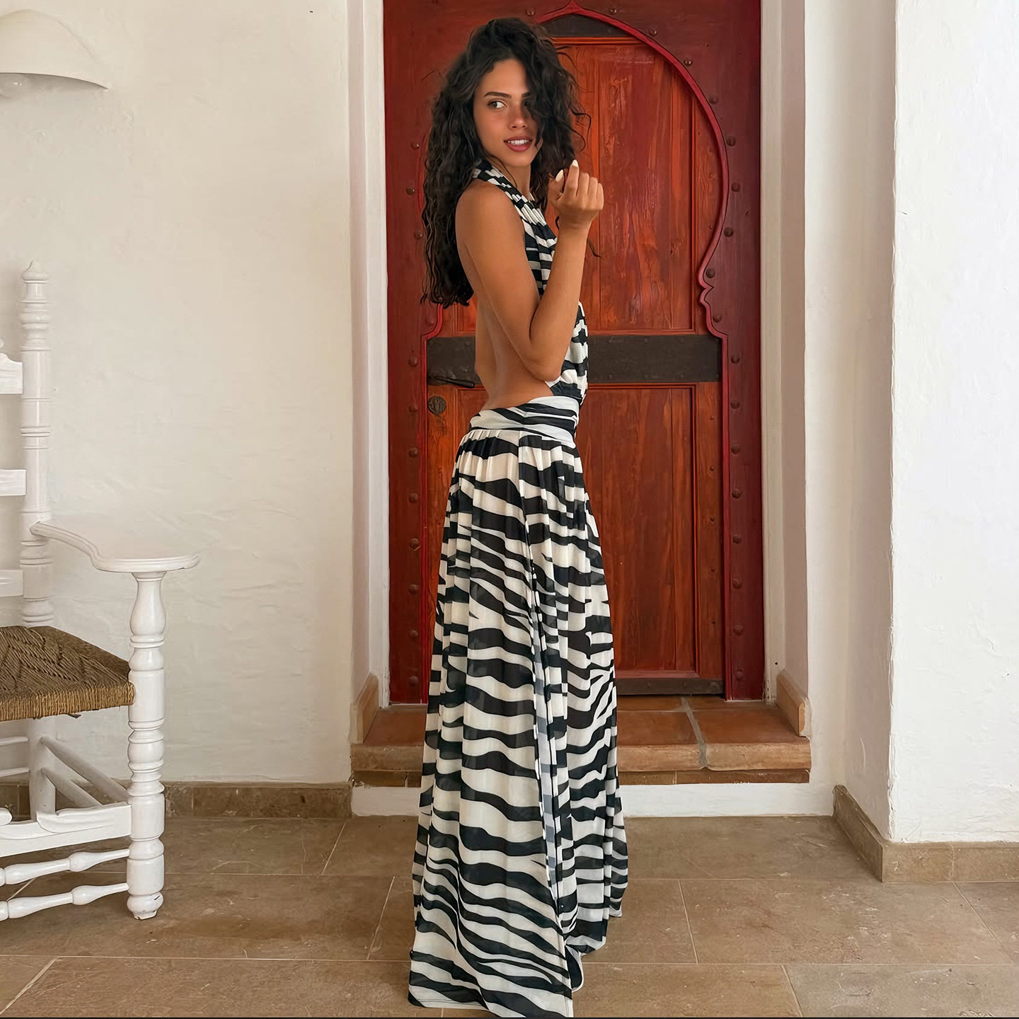 Zebra Print Halter Neck Backless Dress Summer Vacation Style Sexy Split Design Womens Fashion Wholesale Available