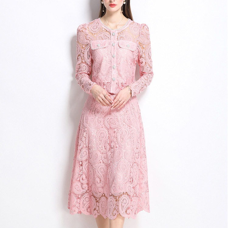Chic Two Piece Set Elegant Water Soluble Lace Shirt and Skirt Fall Fashion for Women Wholesale Available