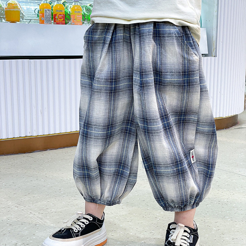 Lazy Style Retro Plaid Wide-Leg Pants, New Summer Elastic Waist Loose Mosquito-Proof Cropped Pants, Versatile Design