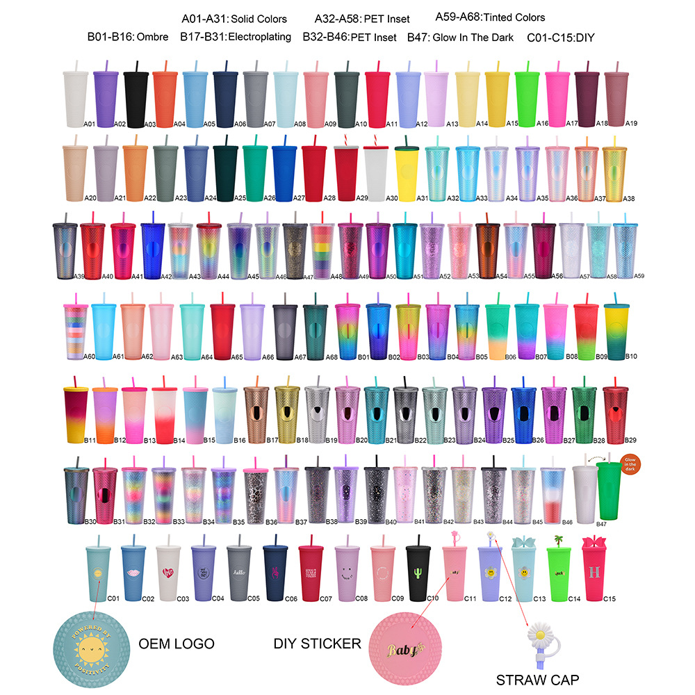 双层塑料吸管杯710ml大容量创意吸管杯扎手杯榴莲杯便携钻石杯