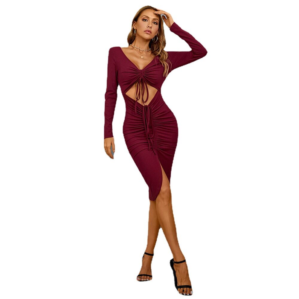 Womens Bodycon Dress Sexy Hollow Out Drawstring Waist Split Hem Elegant Evening Wear OEM Available