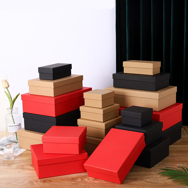 Wedding Gift Box, Christmas Gift Box, Black and Red Rectangular Large Kraft Paper Box, Lid and Base Packaging Box