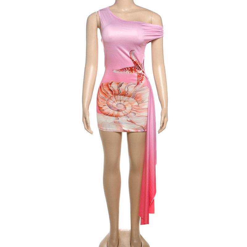 Summer Womens Dress Fashionable Abstract Print Slim Fit Asymmetrical Shoulder Flowing Design Perfect for Parties