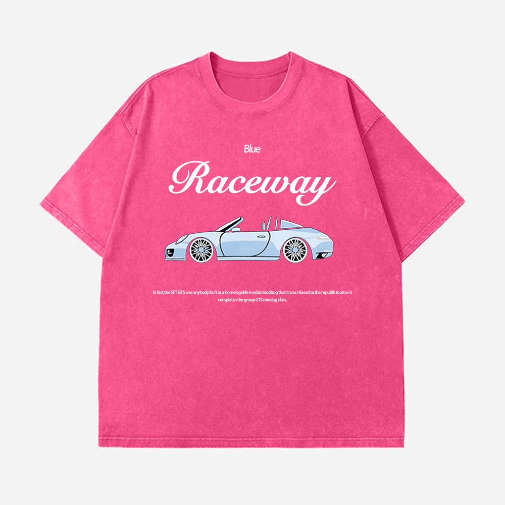 Loose Fit European Style Car Print Short Sleeve T Shirt for Women Summer Wash Effect Vintage Design Casual Top