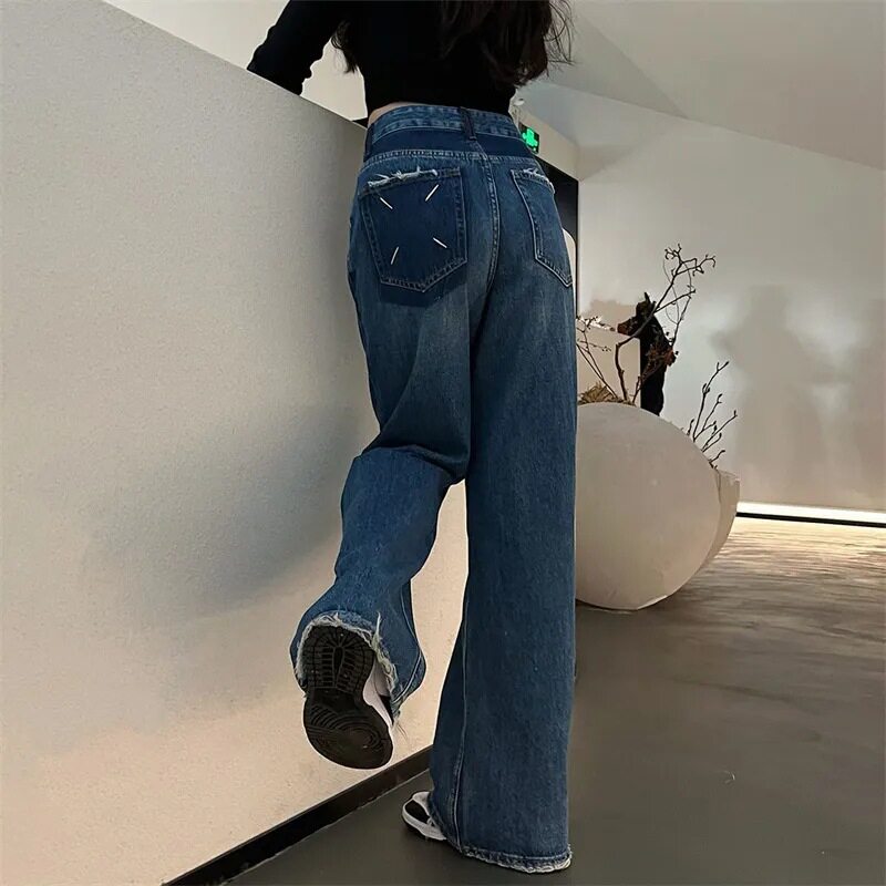 Womens Color Block Denim Pants Loose Fit Slimming Straight Leg Casual Spring and Autumn Style Wholesale Available