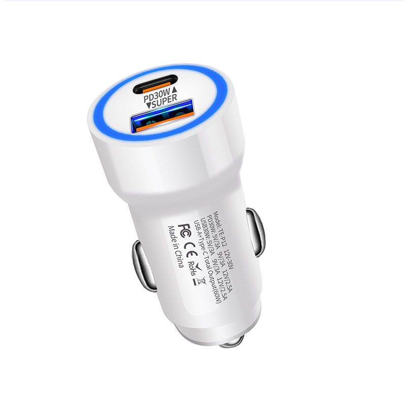New PD30W fast charger car charger one-on-two cigarette lighter usb type c transparent 60W car charger fast charger