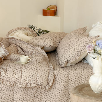 French Retro Style Cotton and Linen Bed Cover Three-Piece Set Floral Ruffle Multi-Functional Quilted Quilt Cover Four-Piece Bedding Set