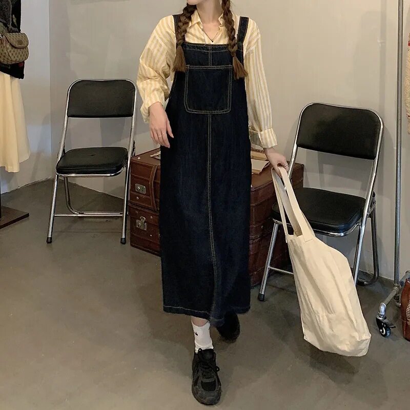 Womens Vintage Denim Midi Suspender Dress Loose Fit Versatile Style Spring and Autumn Fashion Wholesale Available