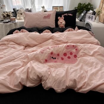 Ins Girl's Heart Pink Spelling Black Wave Cat Towel Embroidered Washed Cotton Four-piece Set Cotton Quilt Cover Student Three-piece Set 1.5