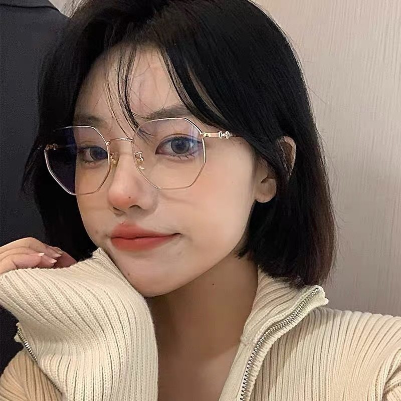Tiktok popular anti-blue light Women's plain glasses eye protection gold silk glasses frame face-looking small net red polygon glasses