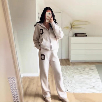 2025 Autumn and Winter Fashion New Casual Easiest for Match Hooded Zipper Knitted Sweater Jacket Slim Pants Suit Women