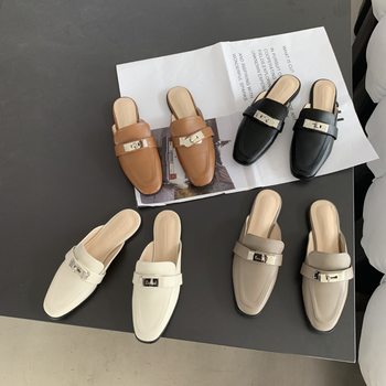 Closed toe half slippers women's shoes for outer wear 2023 new style metal buckle retro French lazy flat Muller shoes