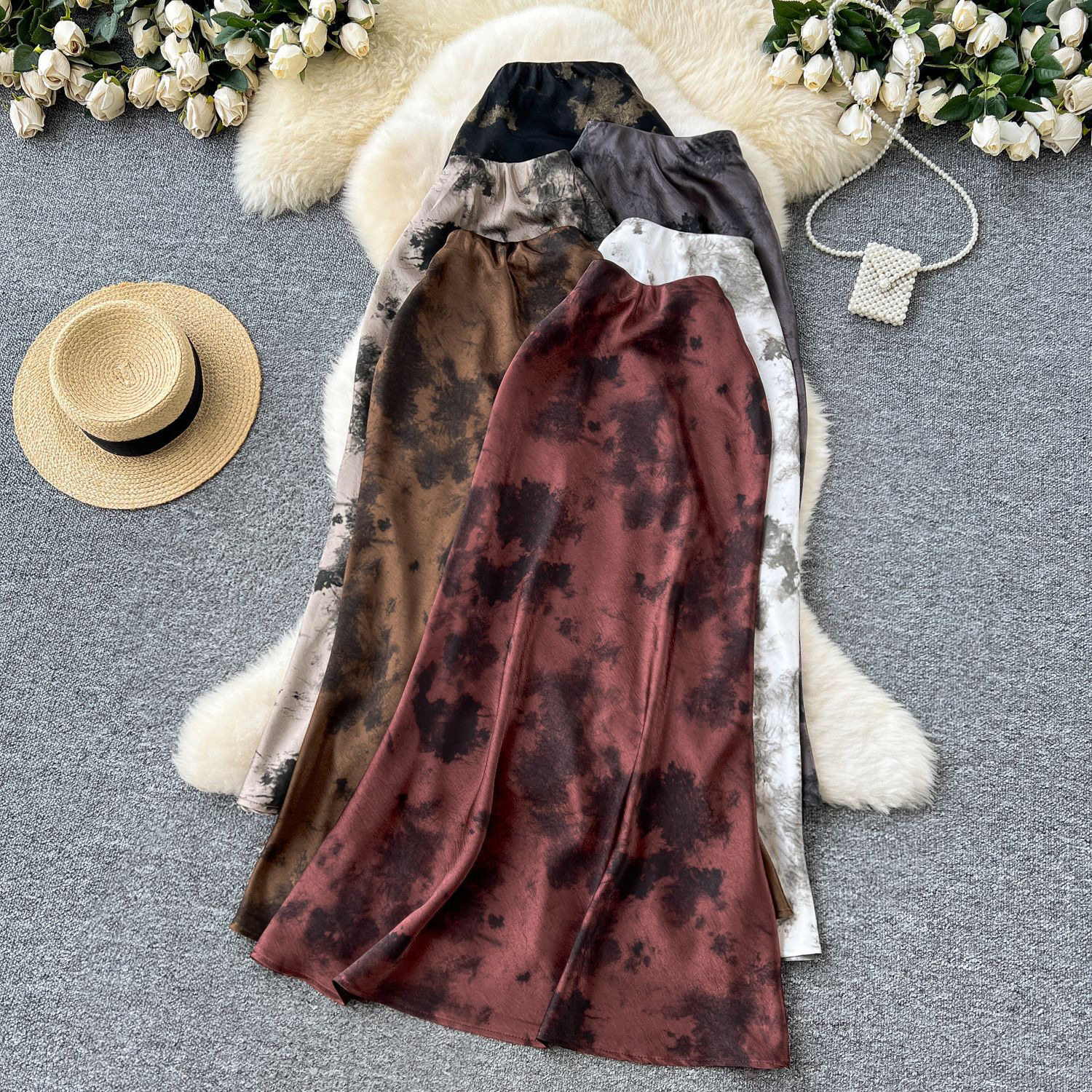 High Waist Satin Midi Skirt for Women Vintage Ink Print Flared Design Summer Casual Wear