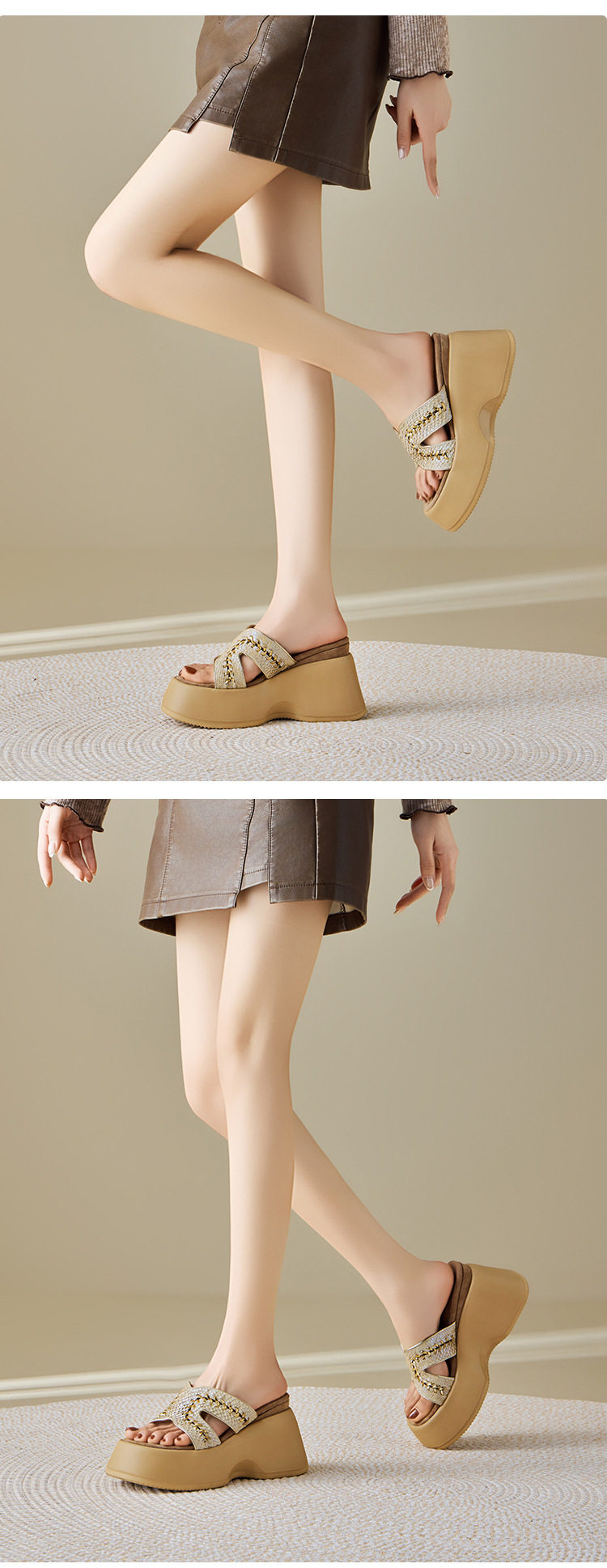 Sandal cao gót nữ hở mũi đế xuồng đan dây gót 10 cm — [Trắng], [Vàng] chi tiết 6
