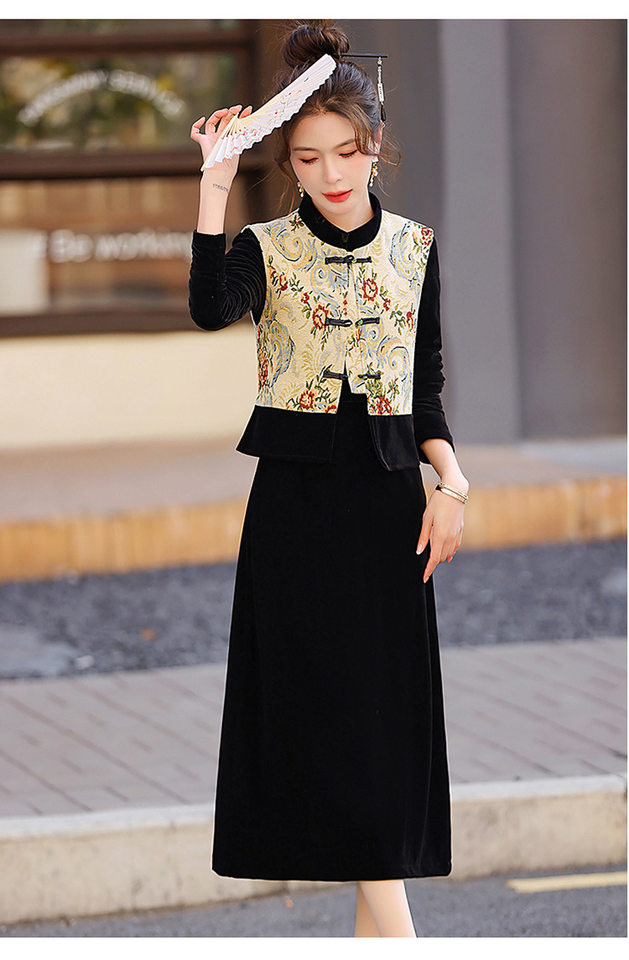 Đầm Trung Niên Dáng Dài Tay Dài Kèm Áo Gile Gấm Thêu Họa Tiết Phong Cách Retro Màu Đen chi tiết 18