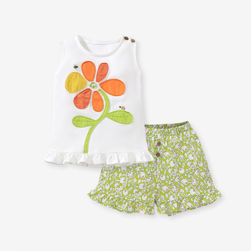 Girls' Cute Floral Two-Piece Set, Summer Casual Kids' Wear