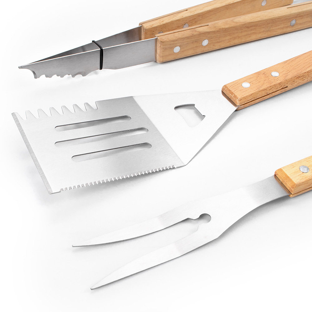 Outdoor barbecue tools stainless steel three-piece oak handle grill fork shovel clip BBQ barbecue utensils cross-border exclusive