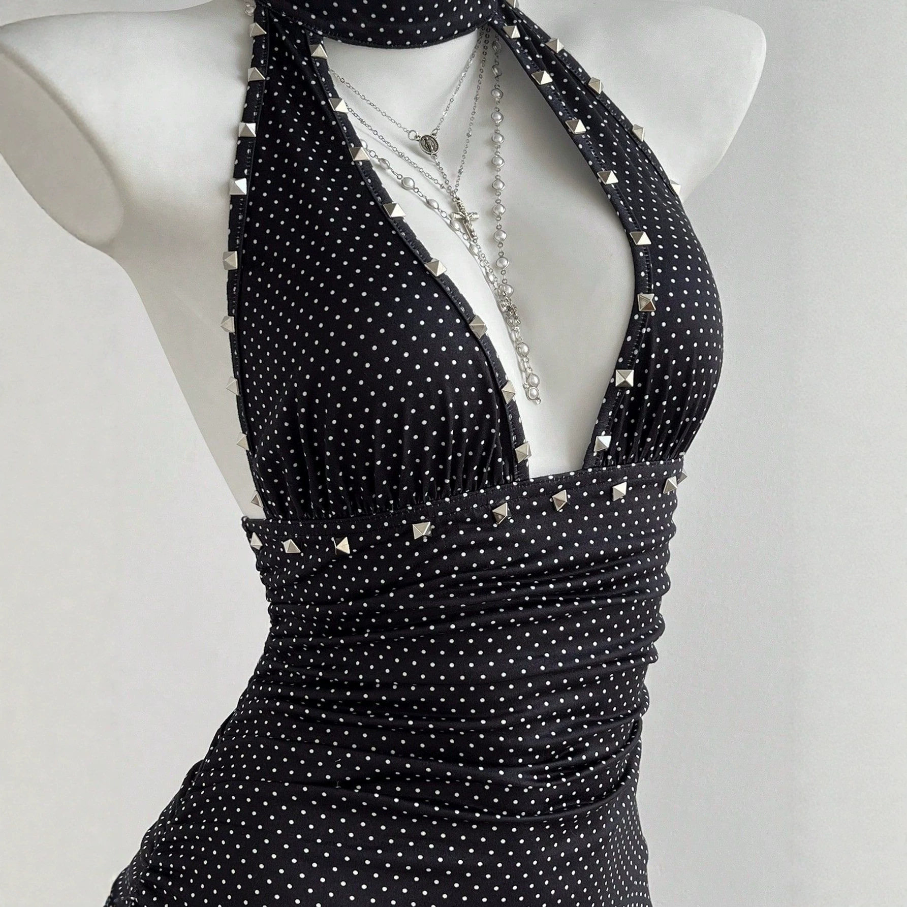 Polka Dot V Neck Halter Dress Slim Fit Waist Defining Elegant Style Perfect for Parties and Events Ready to Ship