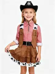 Children's Halloween Cosplay Costume Western Cowboy Girl Outfit Party Stage Outfit Plaid Vest Skirt Set