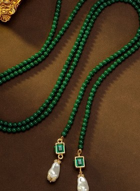 中古vintage祖母绿方糖毛衣链长时尚轻奢绿色复古珍珠项链耳钉