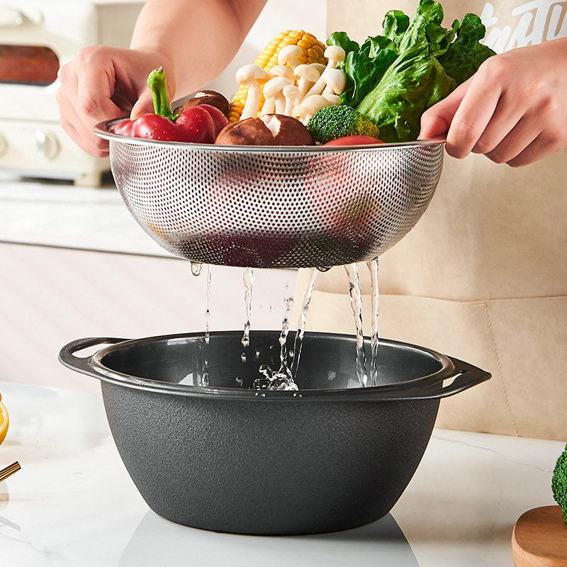 Stainless steel double-layer vegetable washing basin draining basket kitchen washing fruit filter basket drenching water leakage artifact vegetable washing basket rice washing