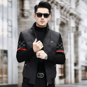 Men's Down Jacket Winter Vertical Collar Short Middle-aged and Young Men's Fashion Down Wenzhou Knitted Sleeve Warm Jacket