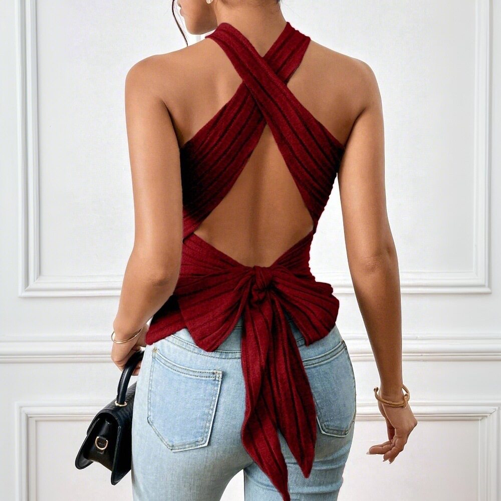 Fashionable Sleeveless Ribbed T Shirt Backless Halter Neck Bodycon Fit Summer Casual Wear Wholesale Available